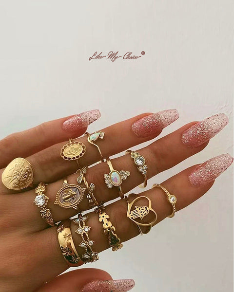 Crystal Geometric Boho Ring Set 15pcs - VibeSoothe