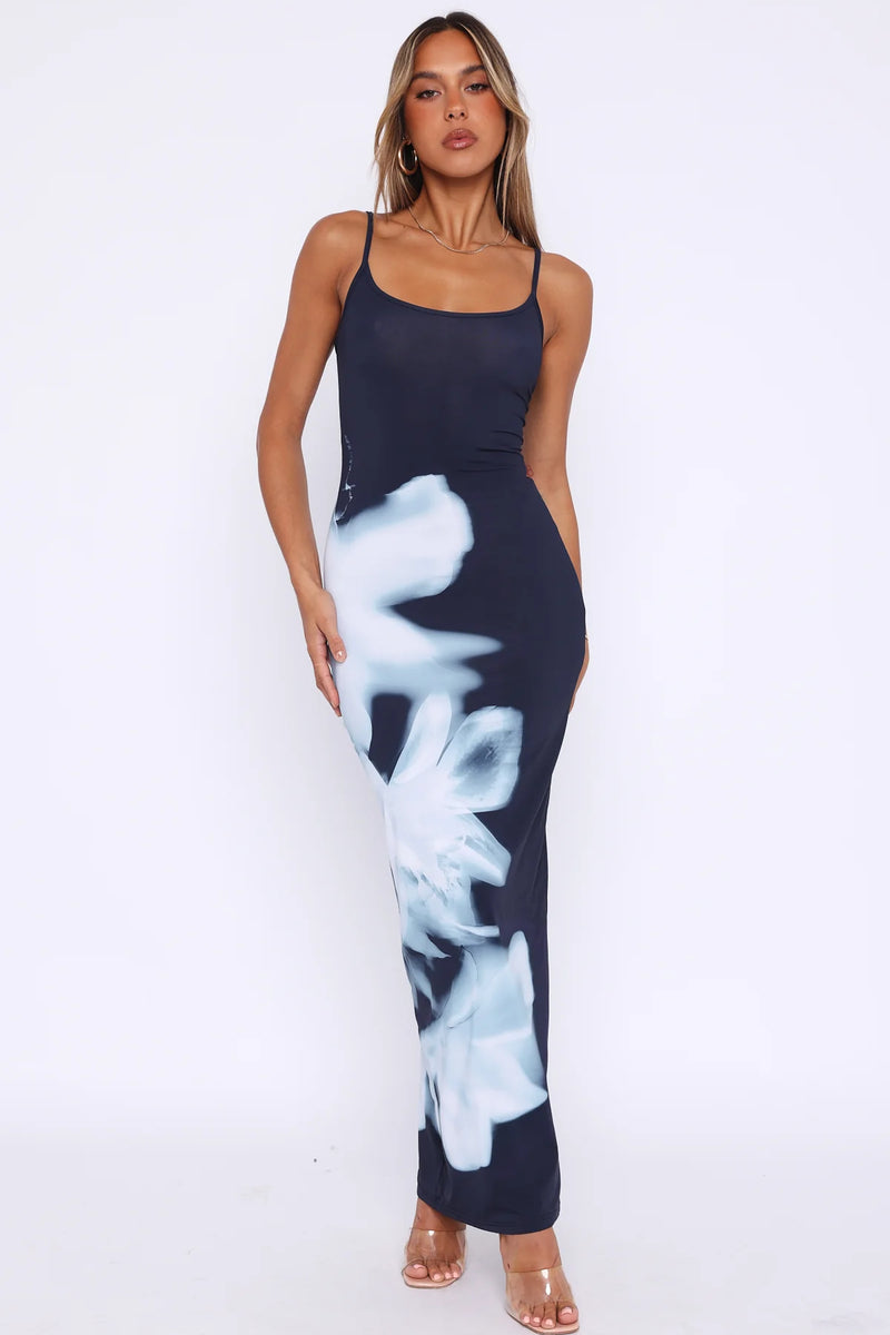 Suspenders Printed Slim Fit Maxi Dress