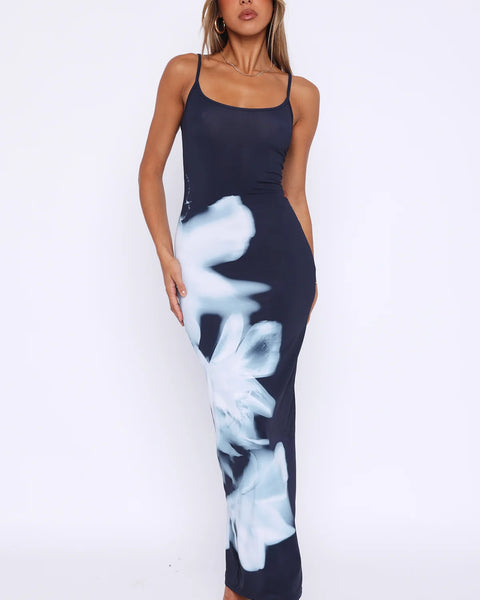 Suspenders Printed Slim Fit Maxi Dress