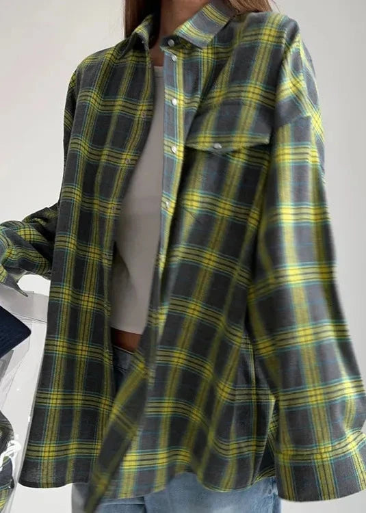 Retro Plaid Loose Shirt - Lapels, Long Sleeve with Pocket