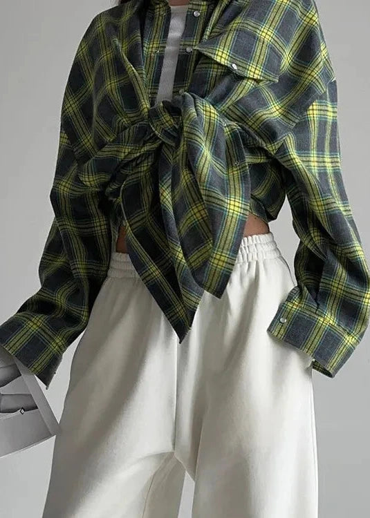 Retro Plaid Loose Shirt - Lapels, Long Sleeve with Pocket