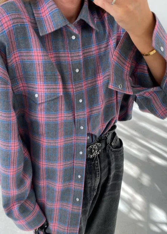 Retro Plaid Loose Shirt - Lapels, Long Sleeve with Pocket