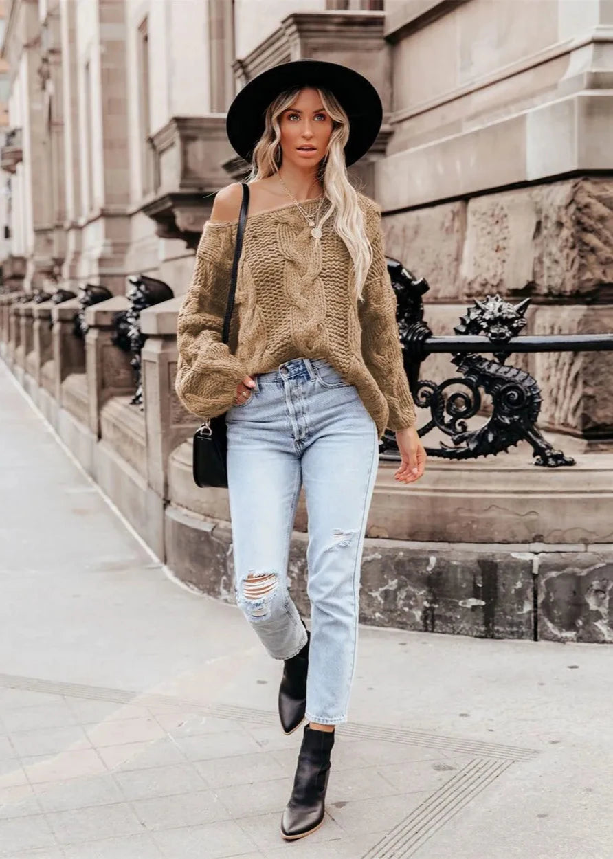 Cozy Vibes - Off-Shoulder Grof Gebreide Trui