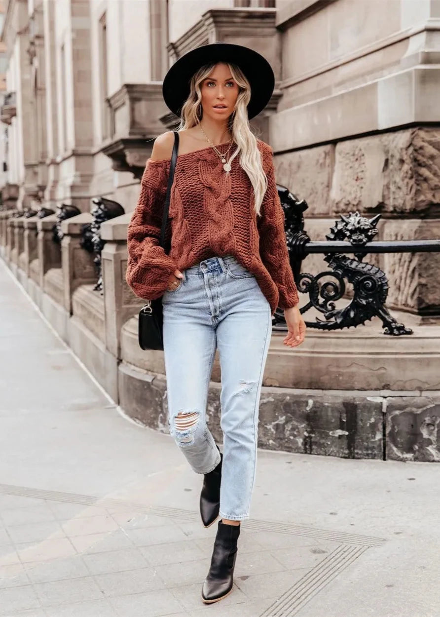 Cozy Vibes - Off-Shoulder Grof Gebreide Trui