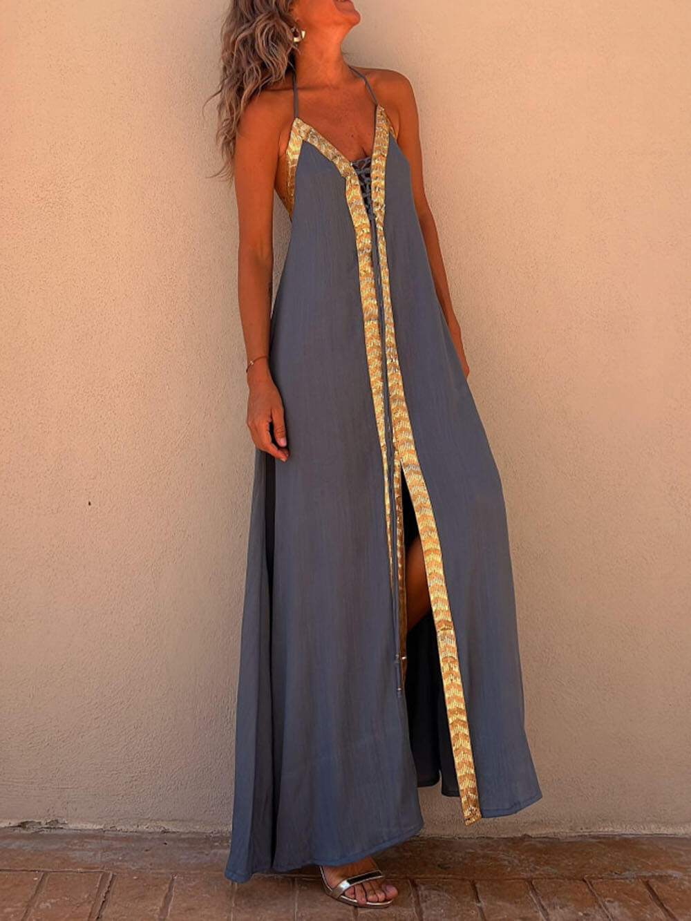 Isla - Turquoise Halter Maxi Dress - VibeSoothe