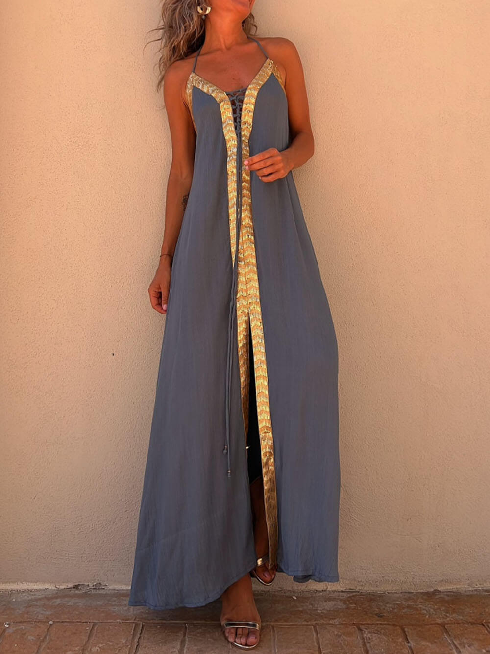 Isla - Turquoise Halter Maxi Dress - VibeSoothe