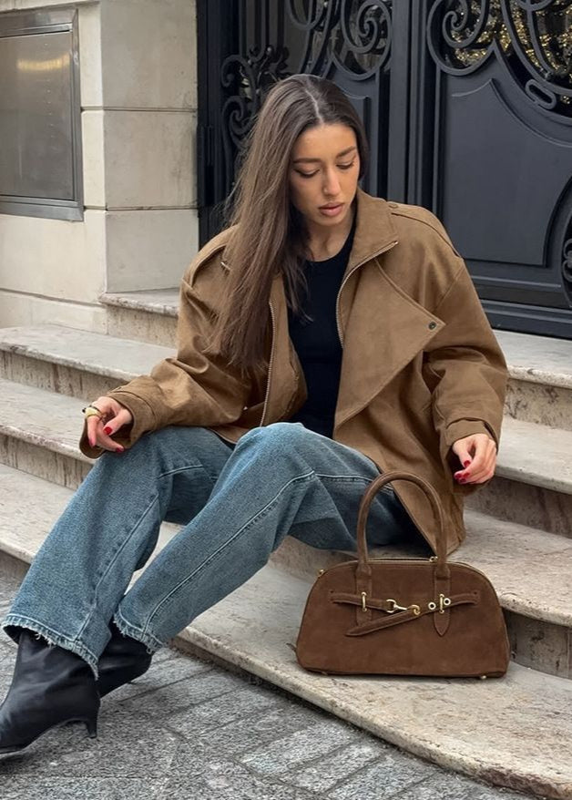 Chaqueta bomber de ante sintético Sienna – Sobredimensionada con cremallera y hombros caídos
