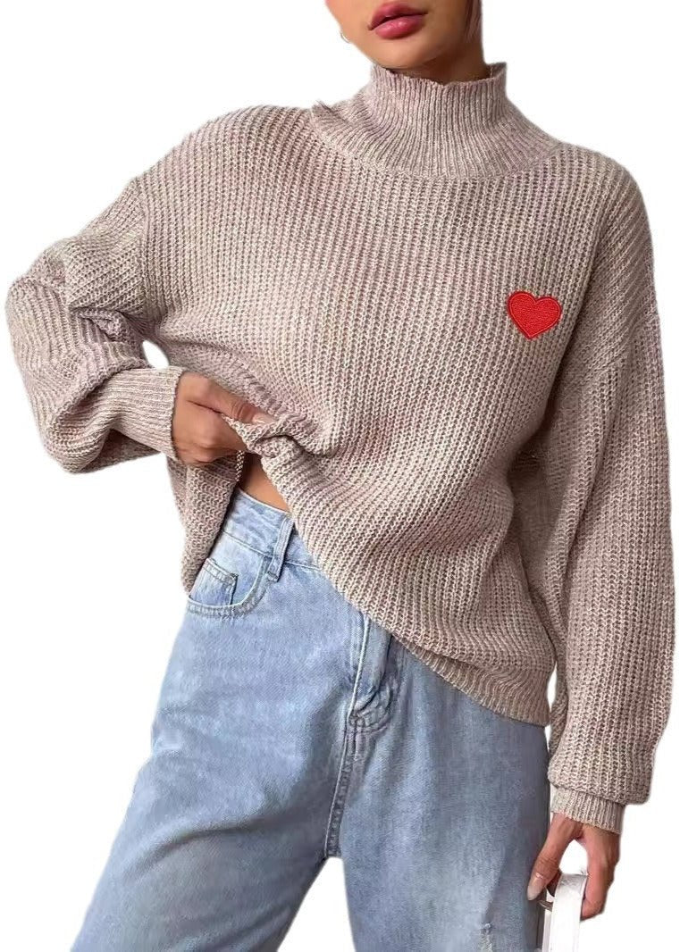 Heart Detail Half Turtleneck Pullover