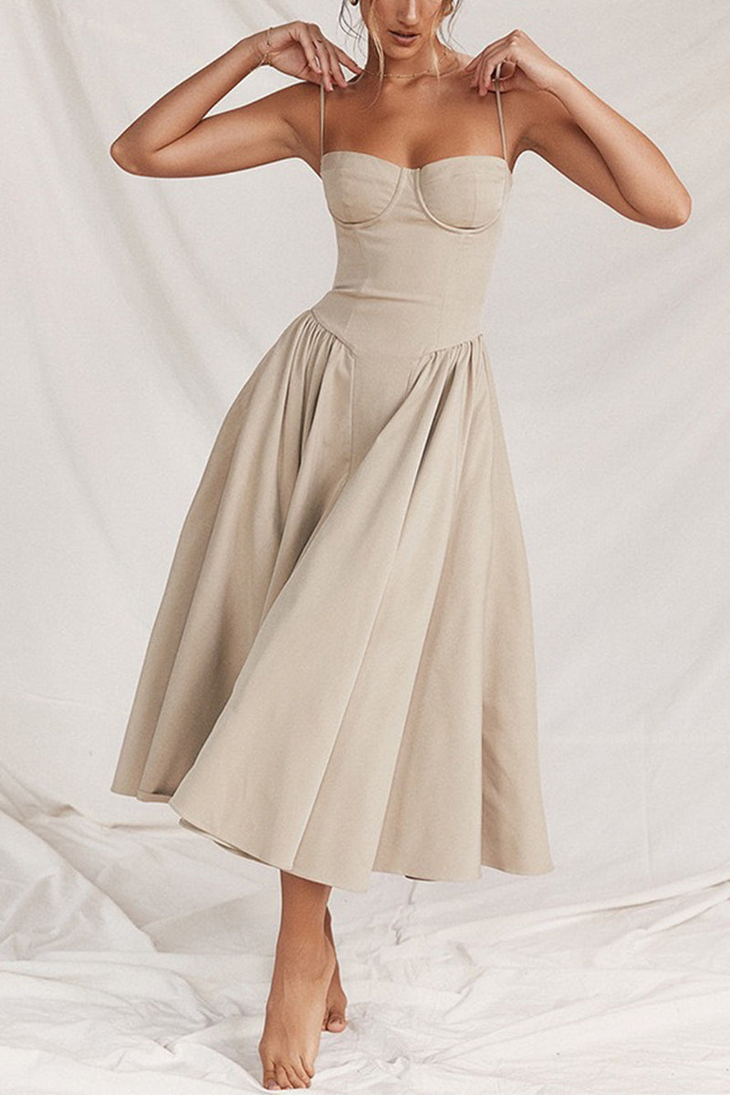 Beige-Sling Midi Dress - VibeSoothe