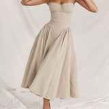 Beige-Sling Midi Dress - VibeSoothe