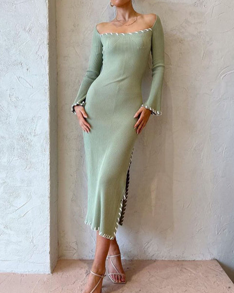 Sage Elegance - Ribbed Midi Dress