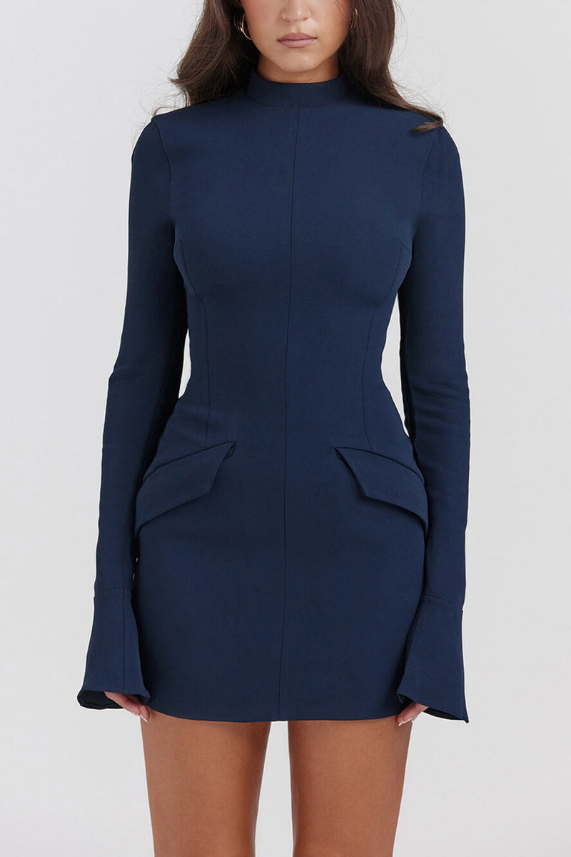 Celeste - Navy High-Neck Mini Dress - VibeSoothe