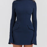 Celeste - Navy High-Neck Mini Dress - VibeSoothe