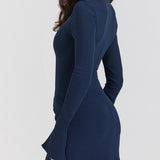 Celeste - Navy High-Neck Mini Dress - VibeSoothe