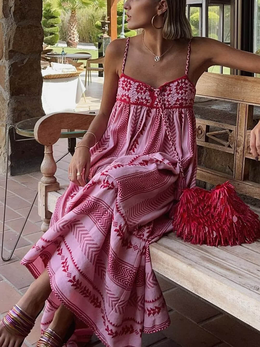 Camellia Blossom - Ethnic Style Crochet Patchwork Knitted Slip Maxi Dress - VibeSoothe