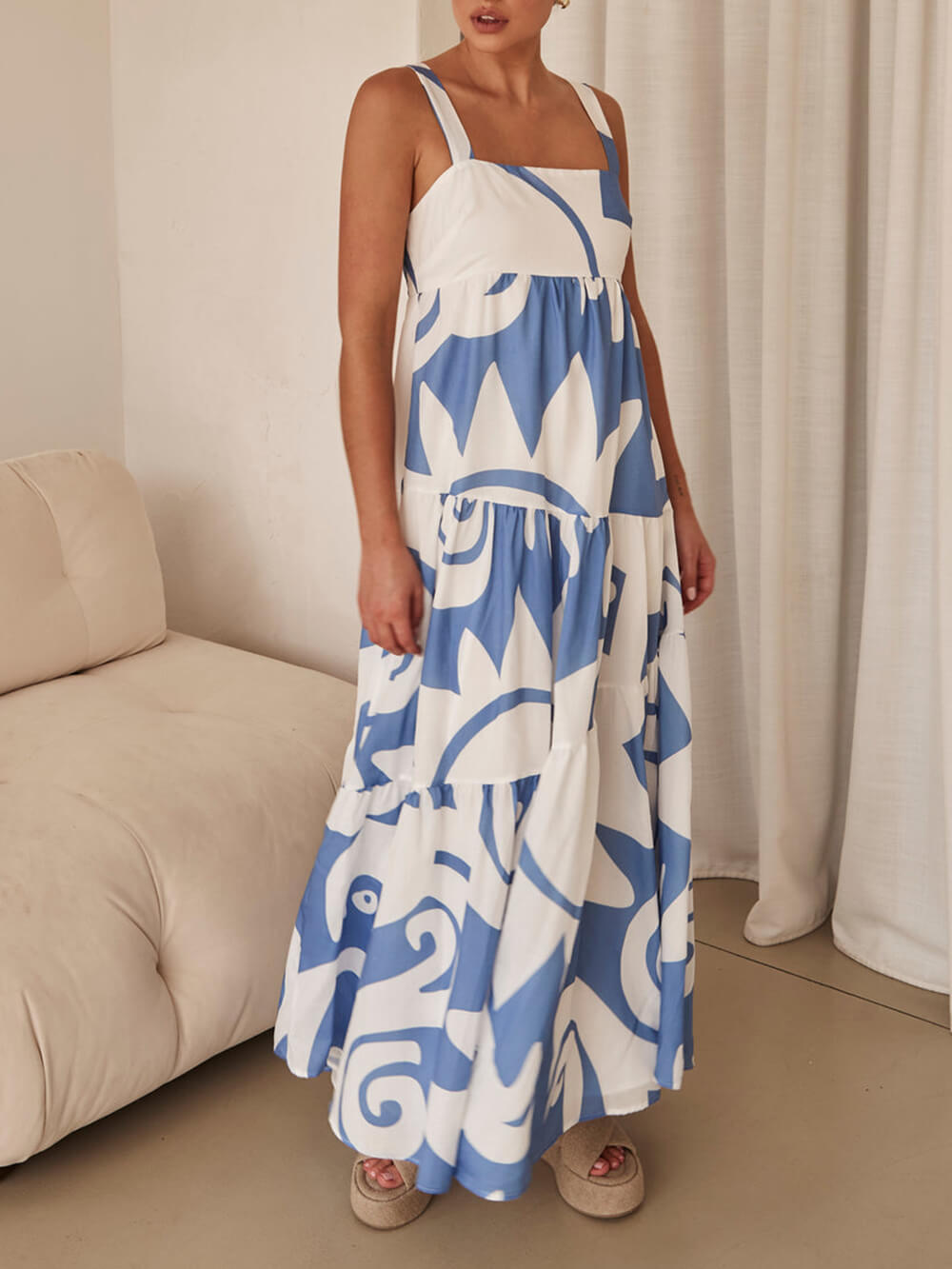 Azure Dream - Geometric Print Maxi Dress - VibeSoothe