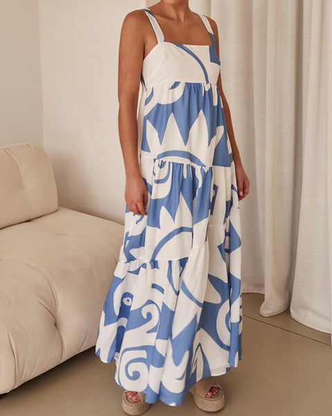 Azure Dream - Geometric Print Maxi Dress - VibeSoothe