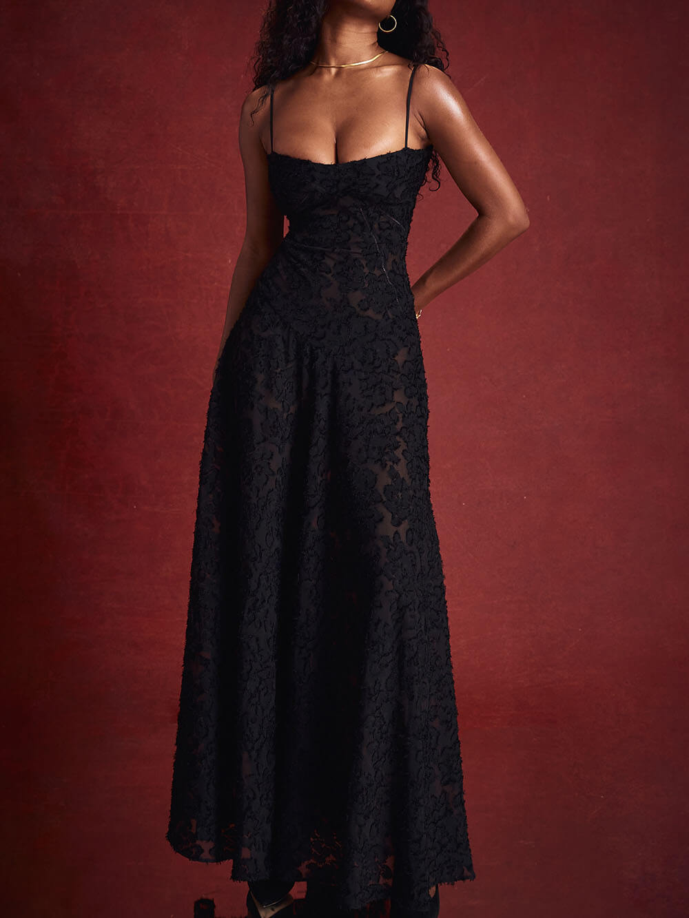 Midnight Bloom - Floral Lace Back Maxi Dress