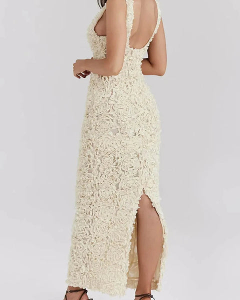 Ivory Petals - Textured Plunge Maxi Dress