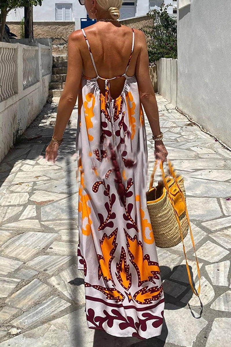 Artemis Delight - Ethnic Print Spaghetti Strap Maxi Dress - VibeSoothe