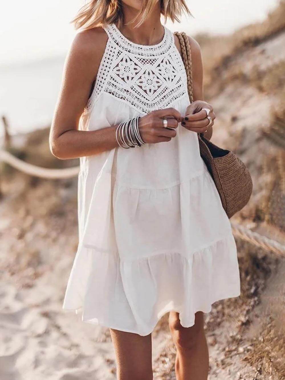 Amelia - Boho White Lace Mini Dress - VibeSoothe