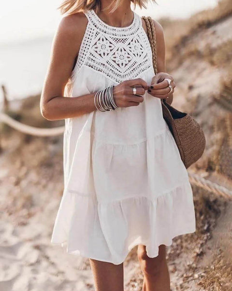 Amelia - Boho White Lace Mini Dress - VibeSoothe