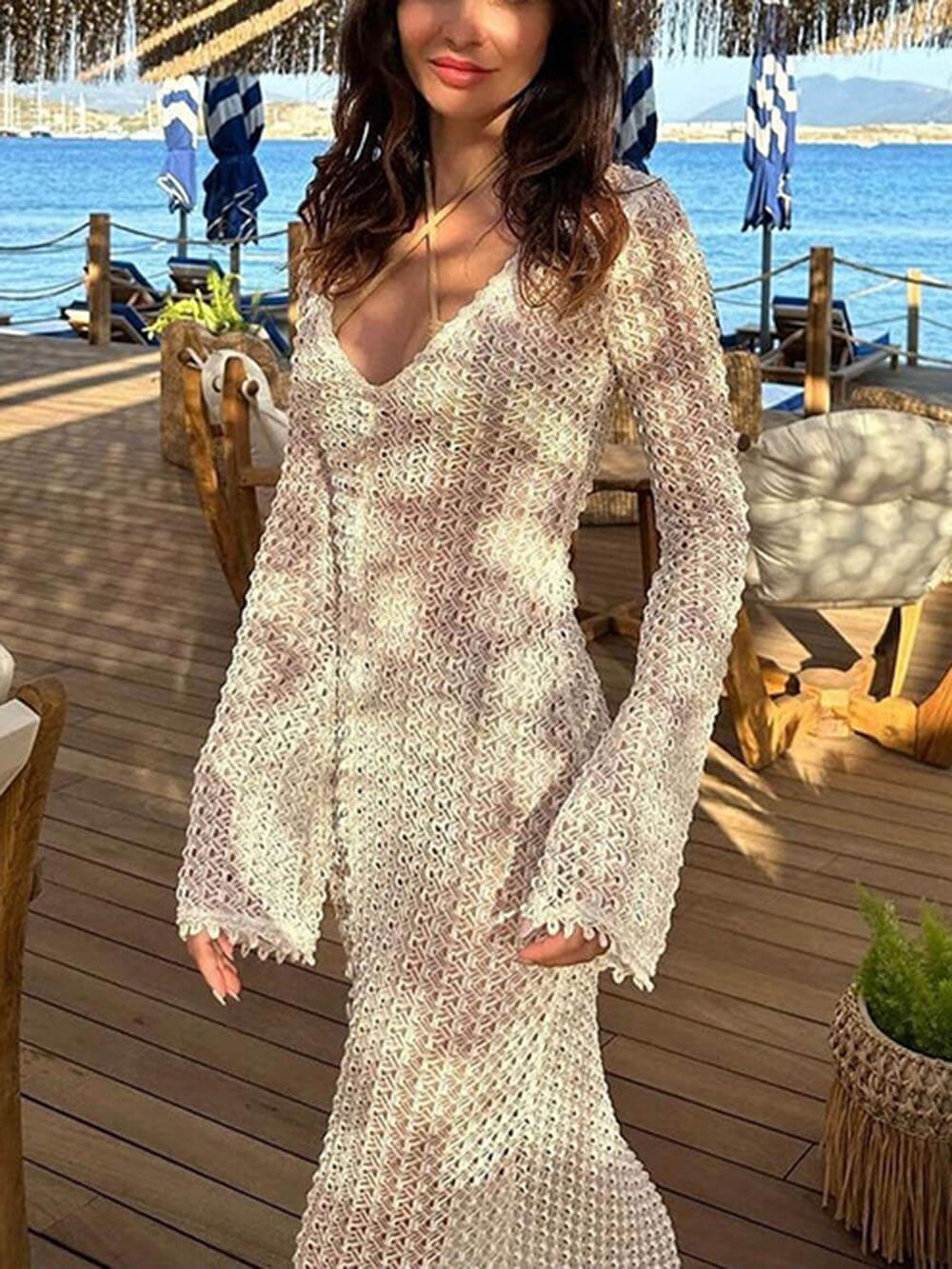 Bella-Beach V-Neck Crochet Maxi Dress - VibeSoothe