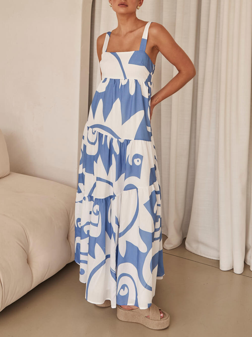 Azure Dream - Geometric Print Maxi Dress - VibeSoothe