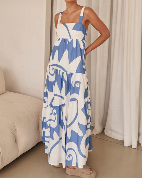 Azure Dream - Geometric Print Maxi Dress - VibeSoothe