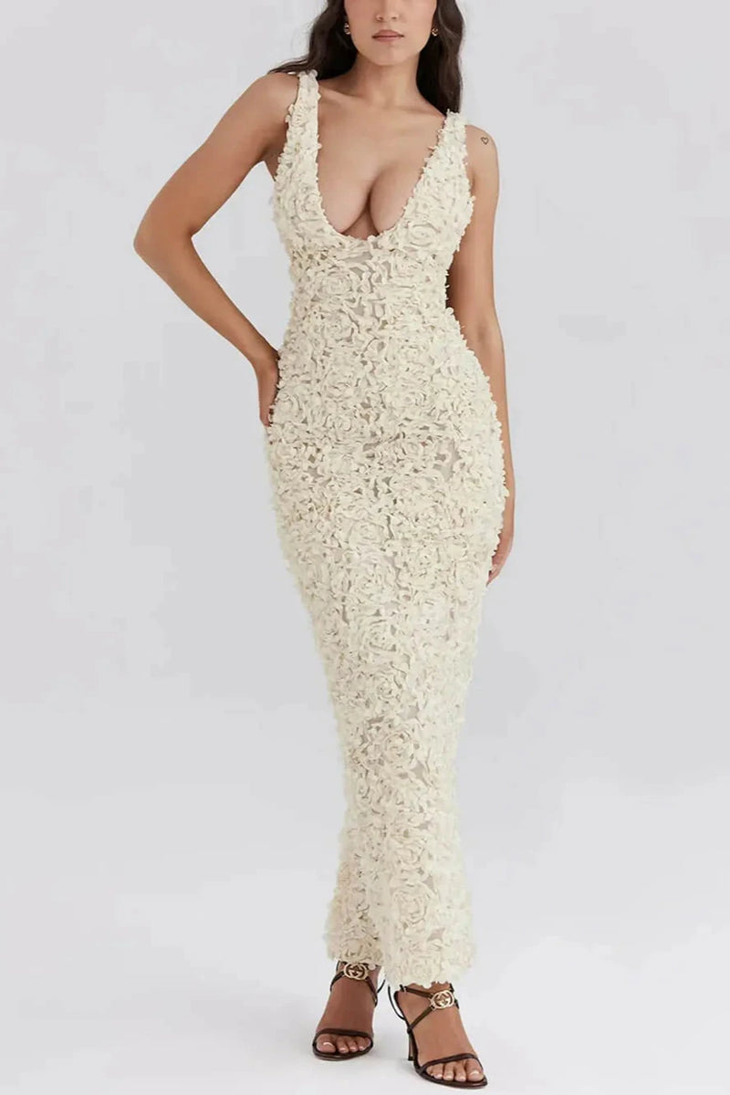 Ivory Petals - Textured Plunge Maxi Dress