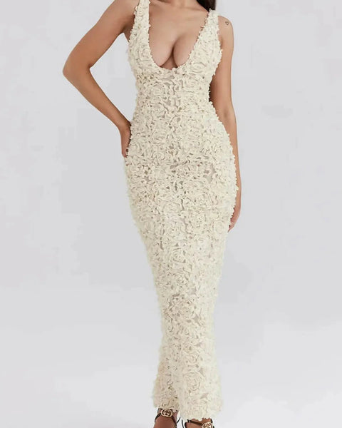 Ivory Petals - Textured Plunge Maxi Dress