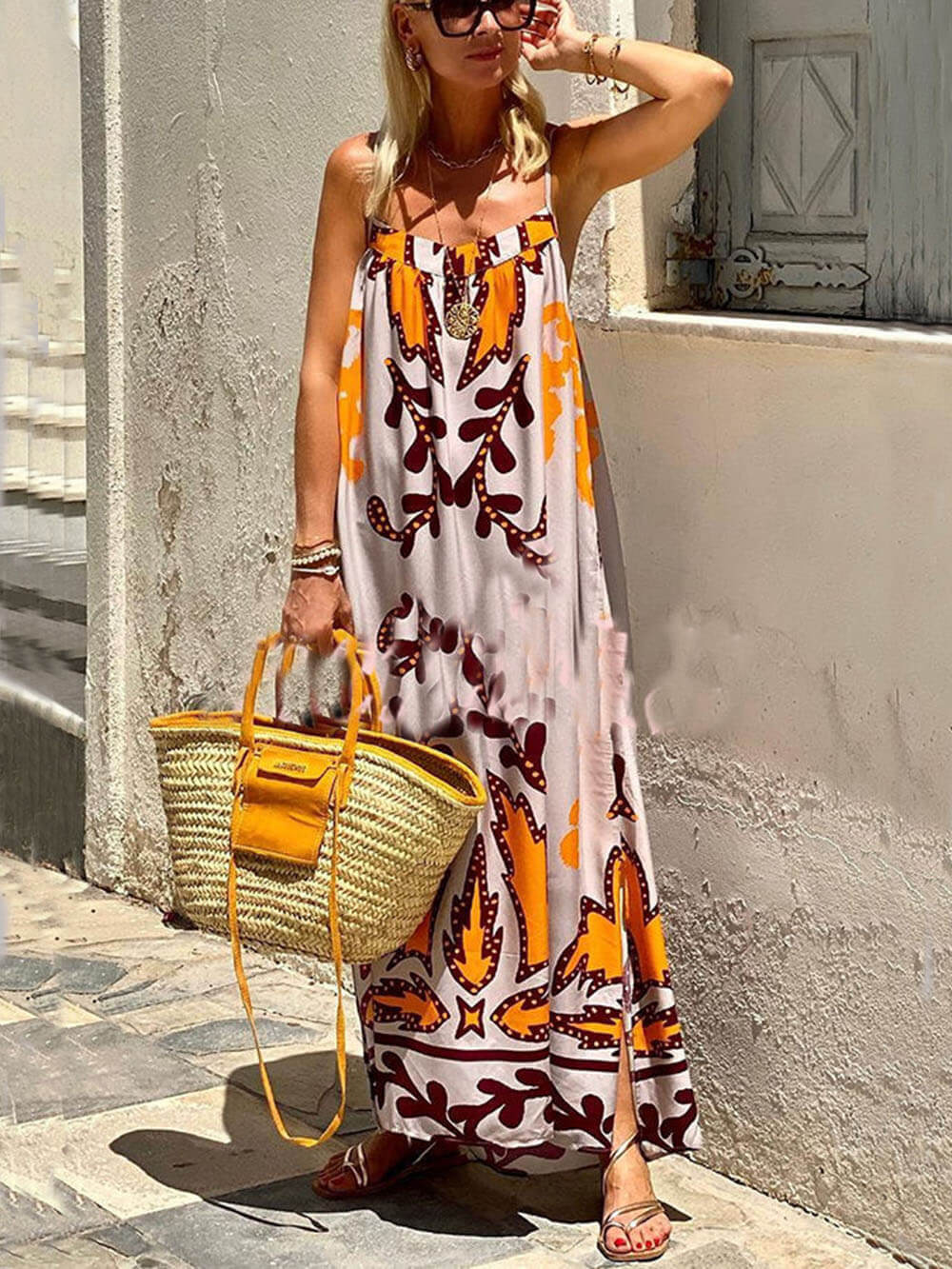 Artemis Delight - Ethnic Print Spaghetti Strap Maxi Dress - VibeSoothe