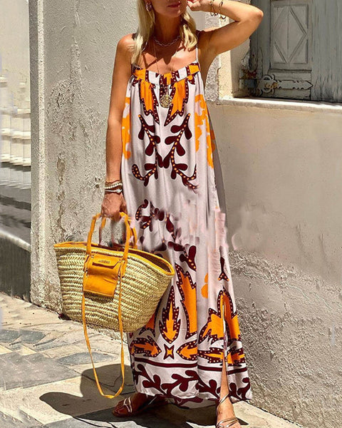 Artemis Delight - Ethnic Print Spaghetti Strap Maxi Dress - VibeSoothe