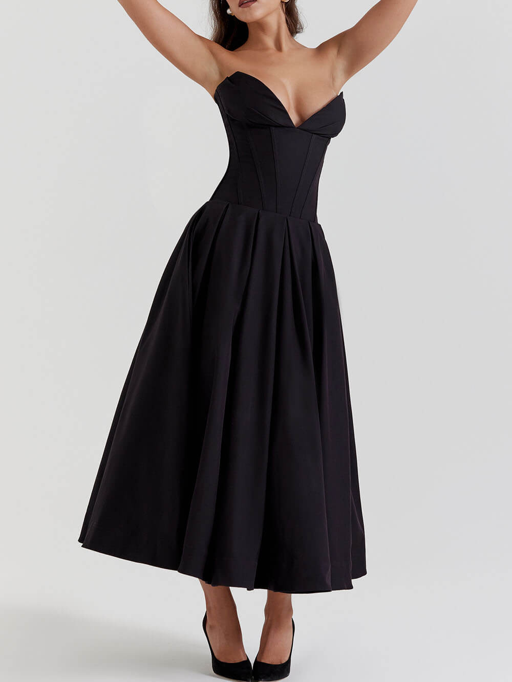 Elegance Defined - Black Strapless Midi Dress - VibeSoothe