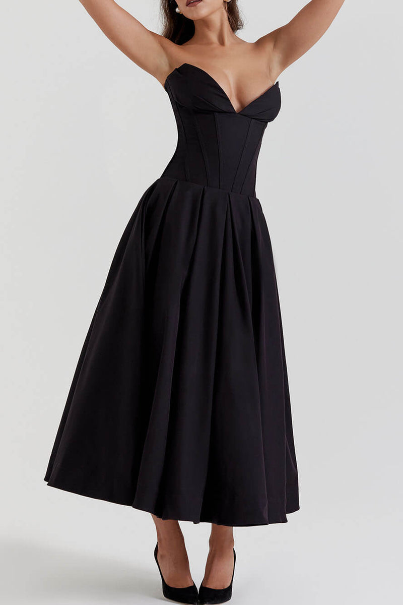 Elegance Defined - Black Strapless Midi Dress - VibeSoothe