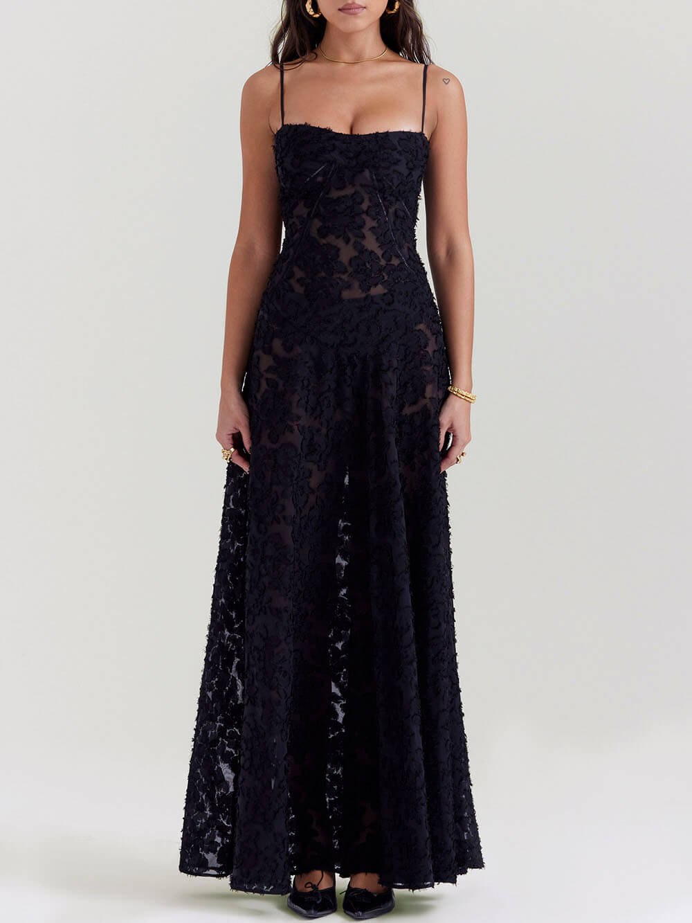 Midnight Bloom - Floral Lace Back Maxi Dress