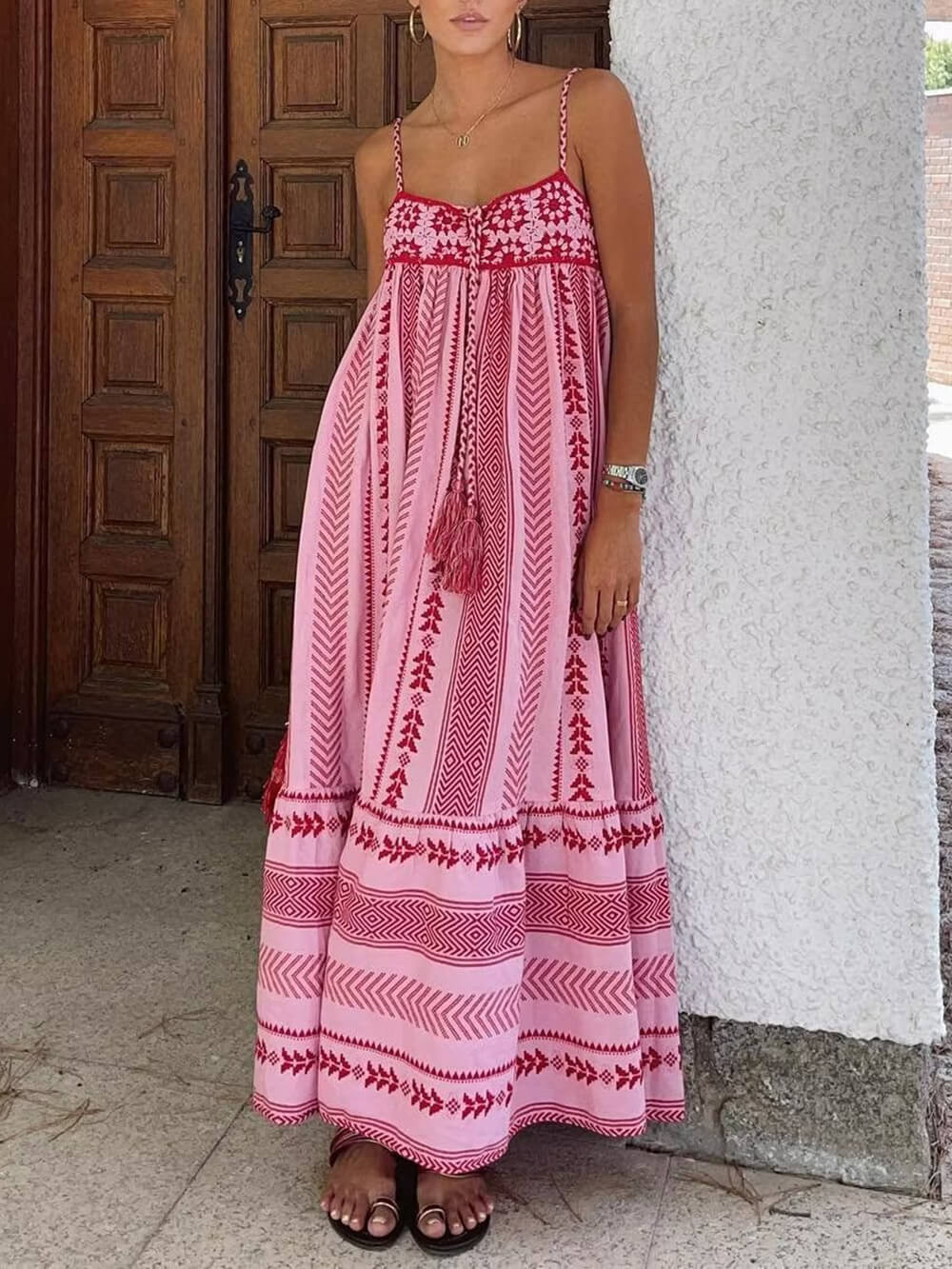 Camellia Blossom - Ethnic Style Crochet Patchwork Knitted Slip Maxi Dress - VibeSoothe