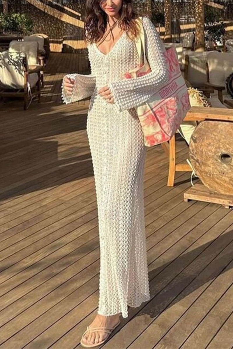 Bella-Beach V-Neck Crochet Maxi Dress - VibeSoothe