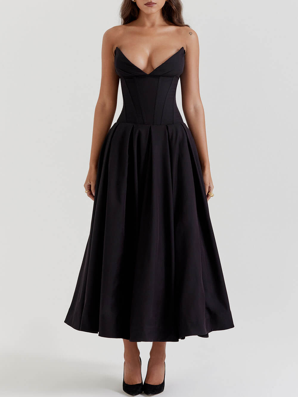 Elegance Defined - Black Strapless Midi Dress - VibeSoothe