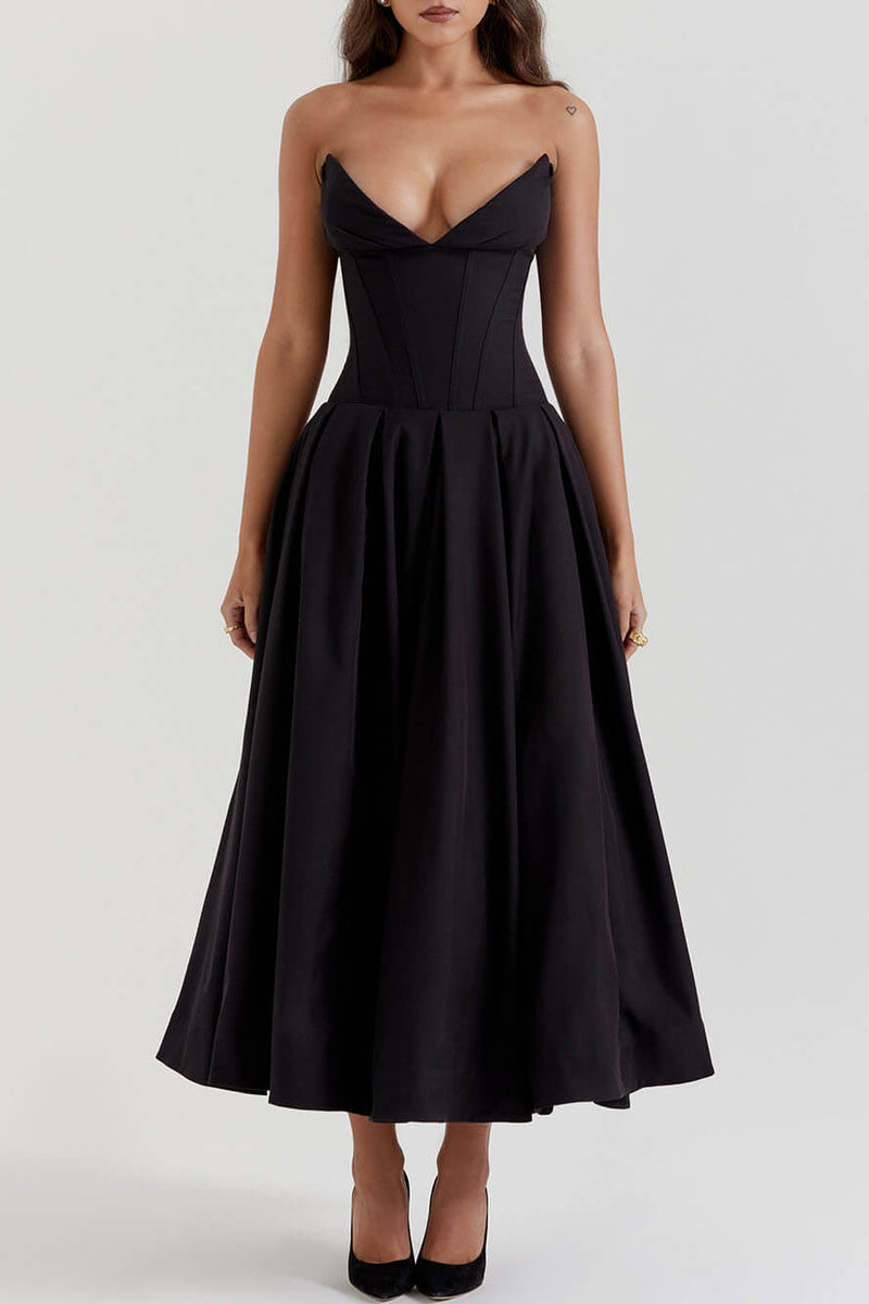 Elegance Defined - Black Strapless Midi Dress - VibeSoothe