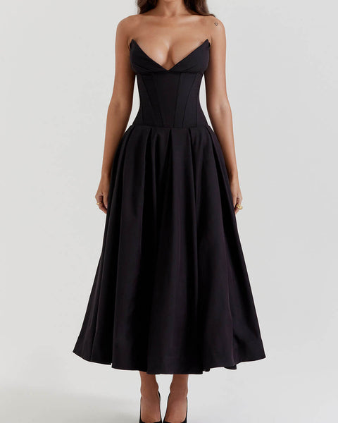 Elegance Defined - Black Strapless Midi Dress - VibeSoothe