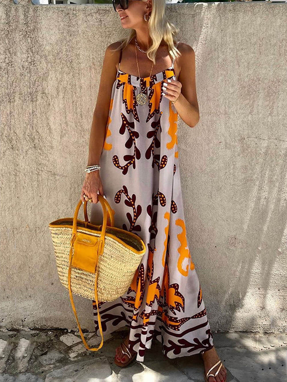 Artemis Delight - Ethnic Print Spaghetti Strap Maxi Dress - VibeSoothe