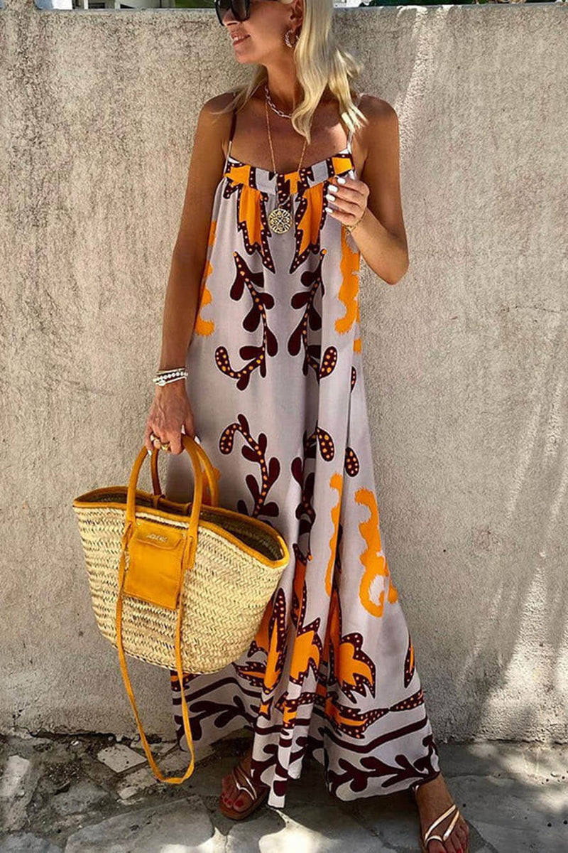 Artemis Delight - Ethnic Print Spaghetti Strap Maxi Dress - VibeSoothe