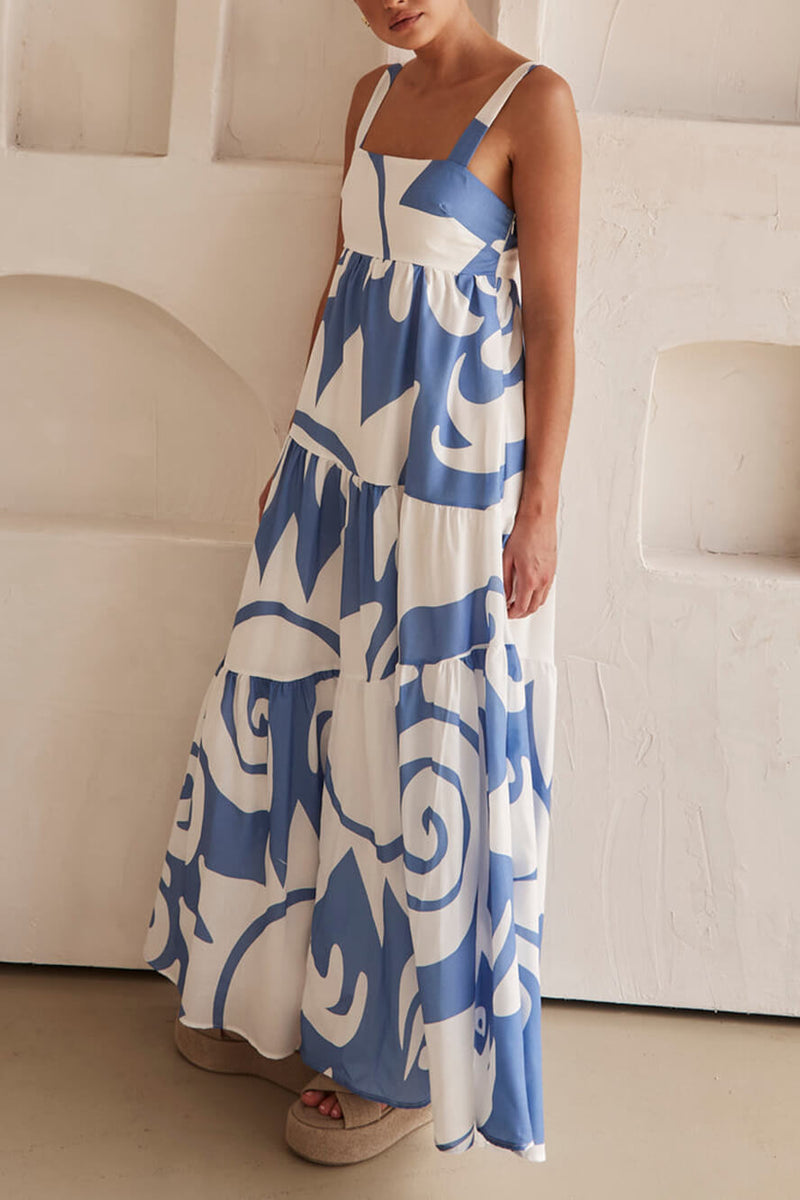 Azure Dream - Geometric Print Maxi Dress - VibeSoothe