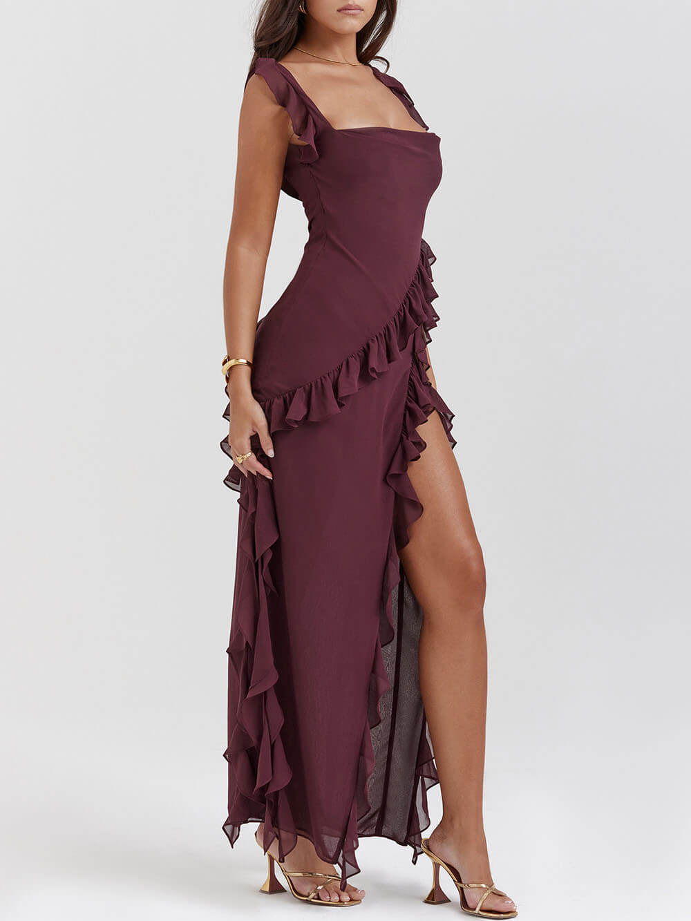 Iris - Ruffled Asymmetrical Maxi Dress - VibeSoothe