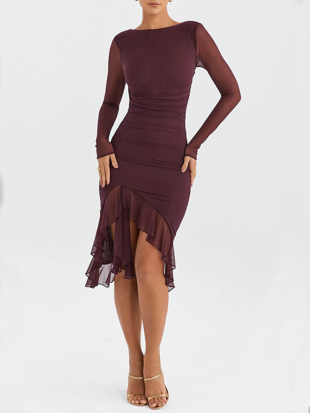 Burgundy-Muse Ruffle Midi Dress - VibeSoothe