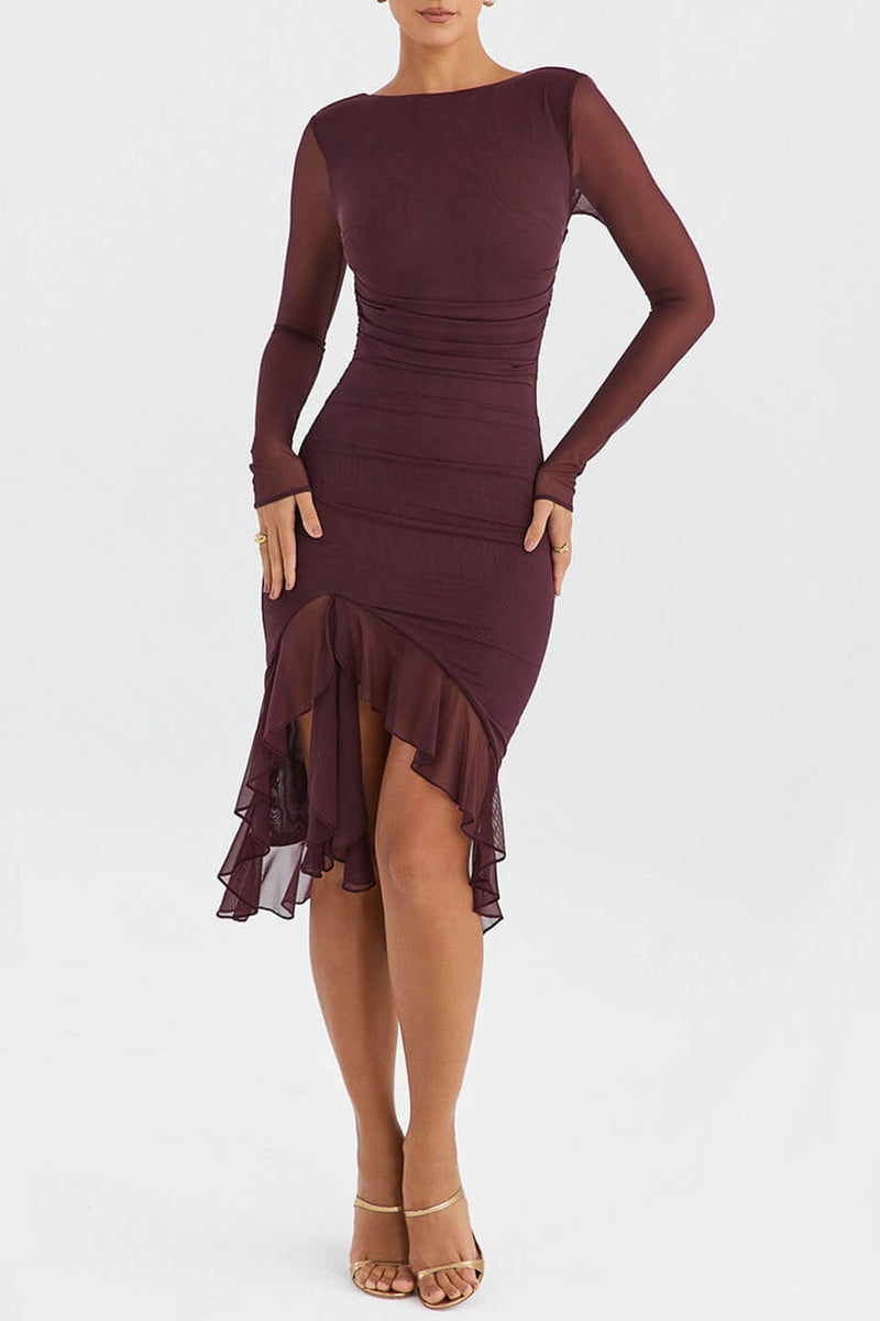 Burgundy-Muse Ruffle Midi Dress - VibeSoothe