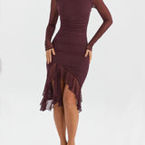 Burgundy-Muse Ruffle Midi Dress - VibeSoothe