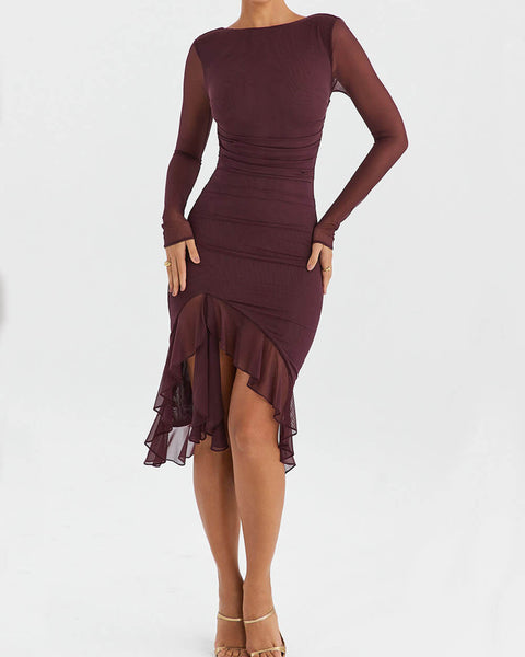 Burgundy-Muse Ruffle Midi Dress - VibeSoothe