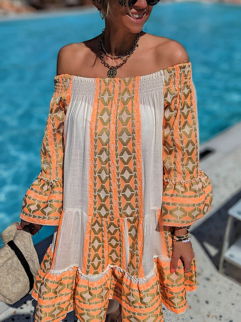 Fiesta - Ethnic Print Off Shoulder Loose Mini Dress - VibeSoothe